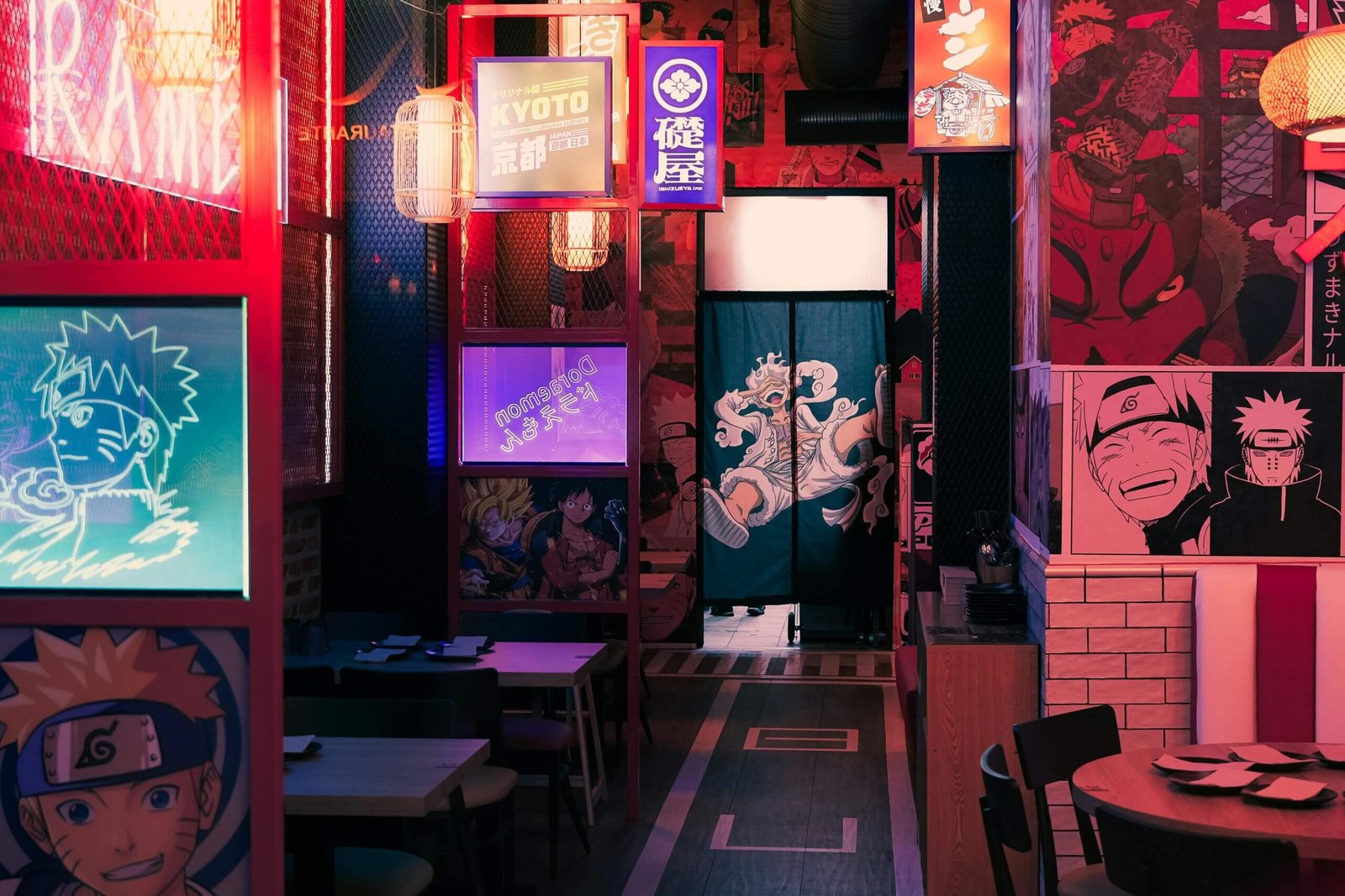 A vibrant anime-themed restaurant with neon lights and Japanese decor in Tokyo.